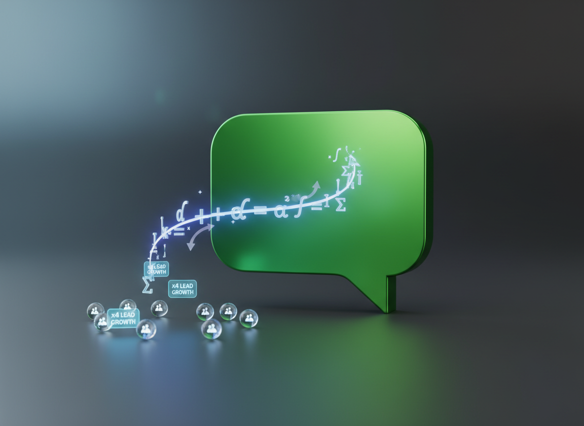 A polished, metallic LINE-style chat bubble icon, colored vivid green with a subtle gradient, stands upright on a smooth, charcoal-gray surface. In front of it, a luminous, semi-transparent formula made of floating mathematical symbols and arrows curves gracefully through the air, symbolizing a “magic” conversion formula. Small, glowing orbs labeled with tiny lead icons multiply in a controlled spiral, suggesting fourfold lead growth. Soft, cool studio lighting from one side creates gentle highlights on the metallic bubble and translucent formula, while the opposite side falls into velvety shadow. Shot from a low-angle perspective to make the elements feel monumental, with a shallow depth of field that blurs the distant background into a soft gradient. The mood is confident, innovative, and data-driven in a clean, photographic style.