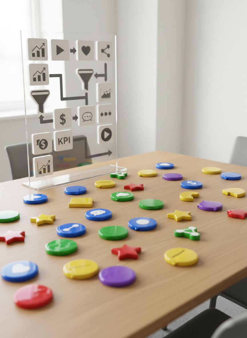 A clean, white-walled creative strategy room centered around a large, matte light-wood table, completely covered with colorful, icon-like tokens representing different platforms: play buttons, chat bubbles, stars, hearts, and share arrows, all rendered in a flat yet glossy material. On one side of the table, a clear acrylic board stands upright, covered in neatly arranged magnetic tiles showing arrows, funnels, and KPI symbols that form a marketing flow. Soft daylight streams in from an unseen window, creating a bright yet gentle illumination that casts soft, organized shadows and enhances the color contrast of the tokens. Shot from a slightly elevated, three-quarter angle with sharp focus throughout, the composition highlights order, creativity, and strategic thinking. The overall mood is calm, methodical, and innovative, perfect for a professional SNS marketing support brand.