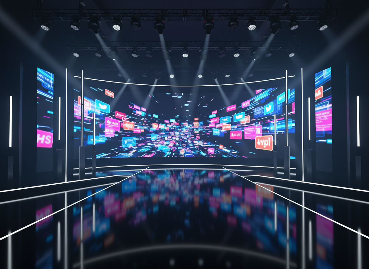 An empty, modern event stage with a wide LED screen backdrop displays an abstract, dynamic visualization of social media posts flowing like a colorful digital river in hues of electric blue, magenta, and neon yellow. The stage floor is glossy black, reflecting the light from the screen in slightly distorted streaks. Around the edges, minimalist speaker towers and light bars frame the scene without clutter. Overhead, soft spotlights cast diagonal beams through a faint haze, adding depth and focus to the central screen. Captured from the audience viewpoint at eye level with a medium-wide lens, the image conveys anticipation and energy without any people present. The atmosphere is vibrant, professional, and entertainment-focused, expressing expert event operation for SNS-driven campaigns in realistic photographic detail.